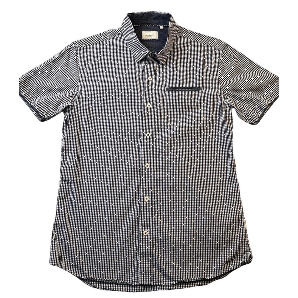 7 Diamonds Short Sleeve Button Down Navy & White Gingham Print Shirt Size S